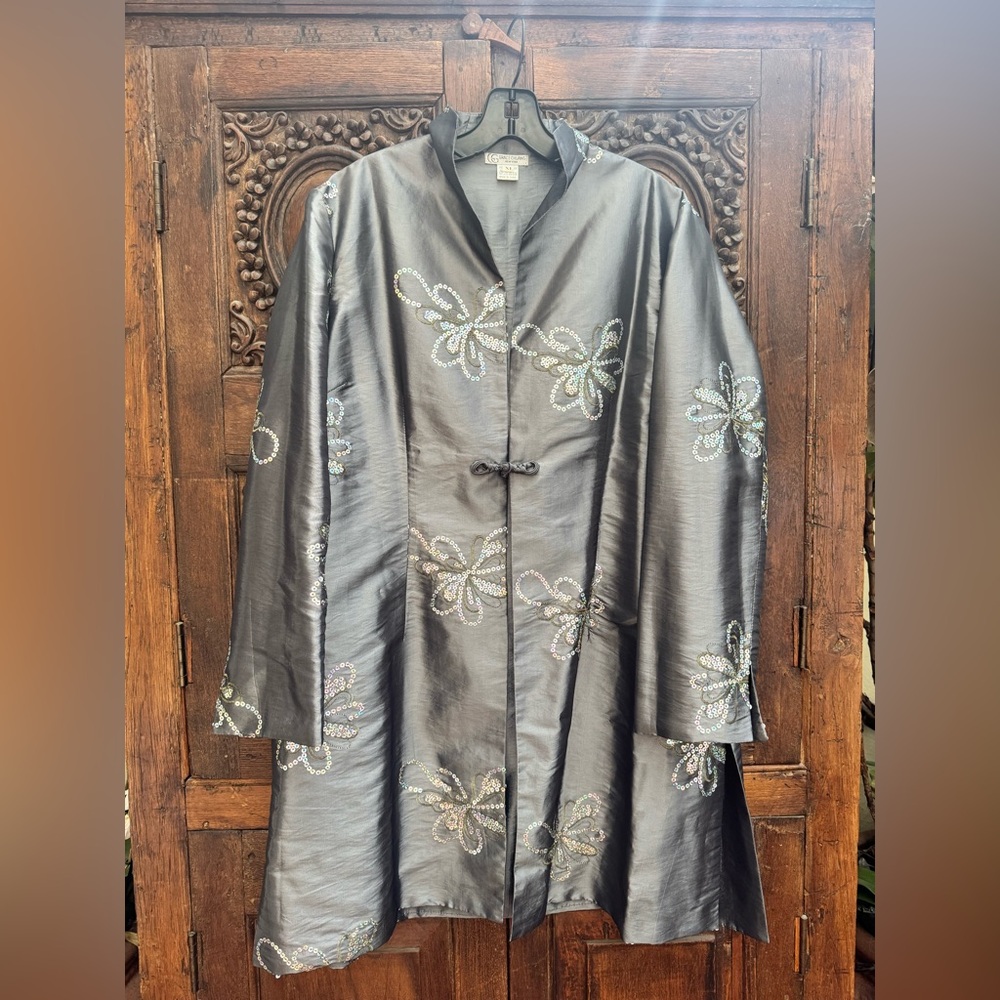 Embellished Satin Long Coat - Gray with Iridescent Sequin Flowers